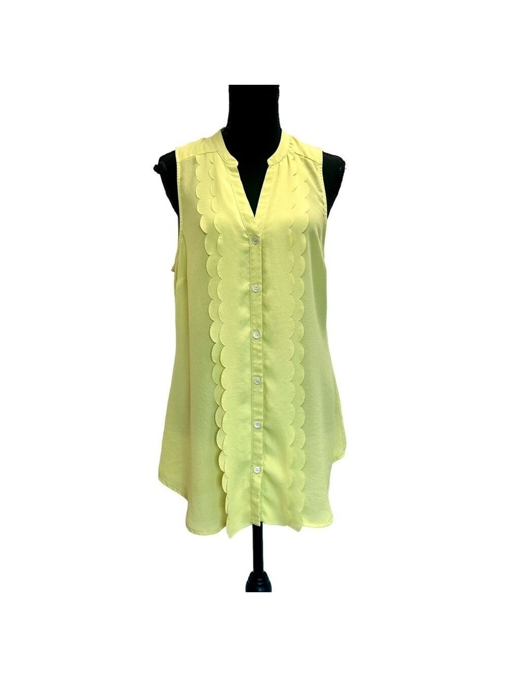 Anthropologie Meadow Rue yellow sleeveless scalloped tuxedo blouse Sz 12